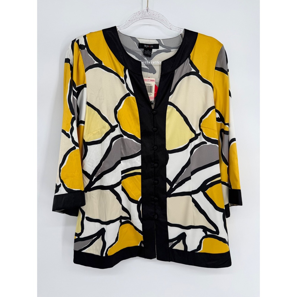 Style & Co Womens Yellow Abstract Floral 3/4 Sleeve Blouse Top NWT Size 10
